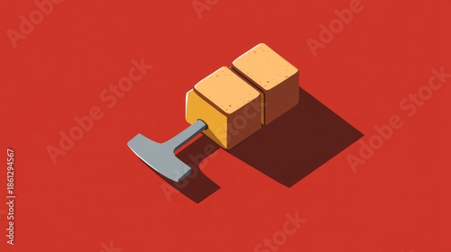 Isometric illustration of hammer hitting a block on a red background