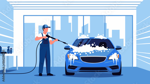 Blue car wash vector illustration A man in overalls uses a pressure washer to clean a car covered in foam in a garage with city skyline in background