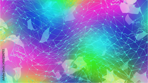 Vibrant abstract illustration of futuristic technology, showcasing neon lights and geometric shapes in a dynamic digital environment from a panoramic viewpoint