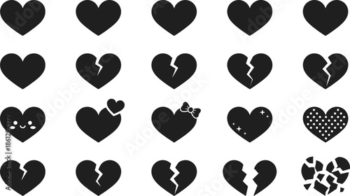 Creative black heart icon set showing love, heartbreak, emotion, and decorative variations for romantic, expressive, and symbolic design themes