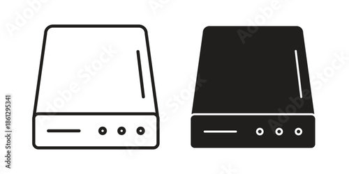 Hard drive icons in black glyph and liner versions for design.