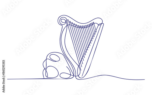 Elegant harp drawn with a continuous single line art style, symbolizing music and art