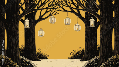 Enchanting forest path with hanging lanterns, a flat vector illustration for magical ambiance