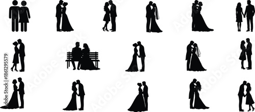 Romantic couple silhouette collection featuring love, wedding, and relationship poses for Valentine’s Day, marriage, and emotional connection themes