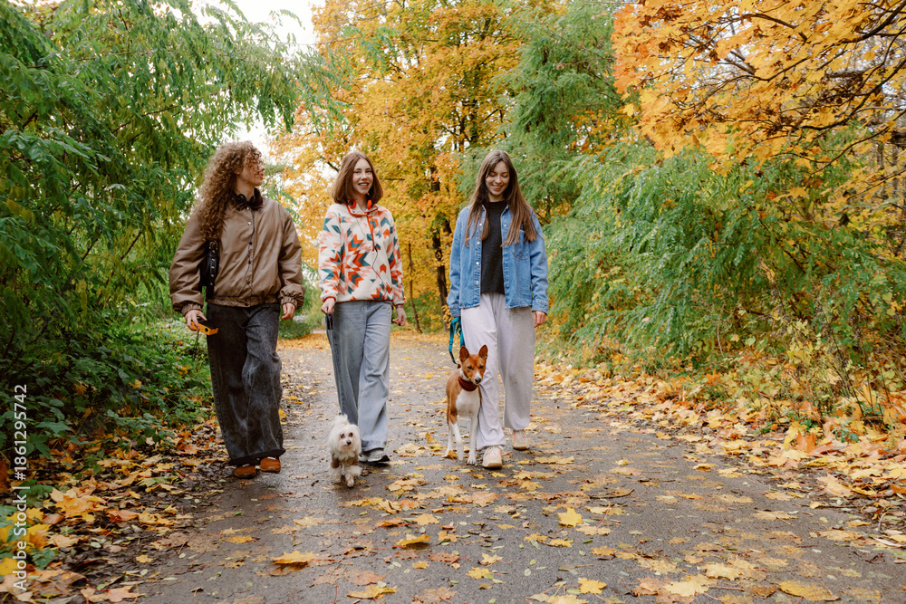 Fototapeta premium Three friends stroll along a leaf-covered path surrounded by vibrant autumn trees. Two dogs happily accompany them as they chat and laugh in the fresh air.
