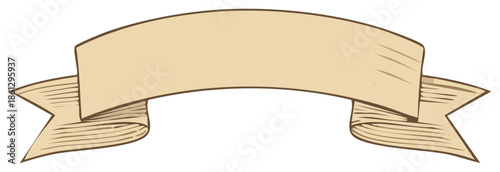 Vintage beige banner for custom text with line drawing details and curled ribbons on white