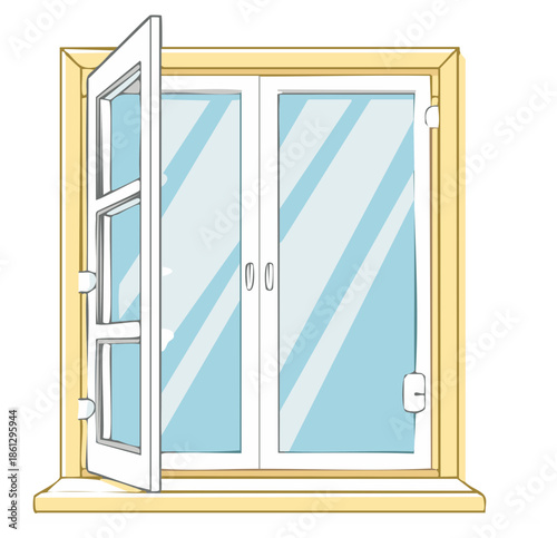 Hand drawn illustration of an open casement window with a wooden frame and sill