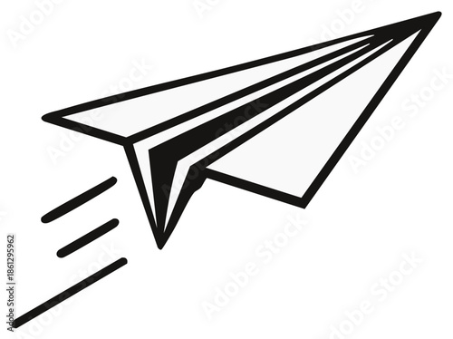 Paper airplane takes flight, black and white symbol soars upwards, dynamic vector design, graphic element of freedom