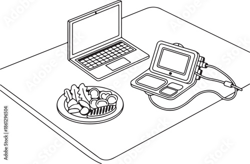 Kitchen table medical home dialysis machine line art vector, outline of kitchen table, laptop, plate of healthy food, and the dialysis monitor linear