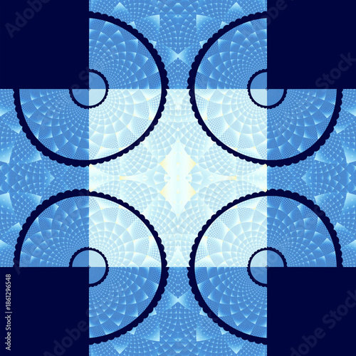 Abstract seamless fractal pattern of four blue circles on an intricate white and blue background with dark blue squares at the edges. Suitable for tiles, backdrops, tie-dyes, etc.