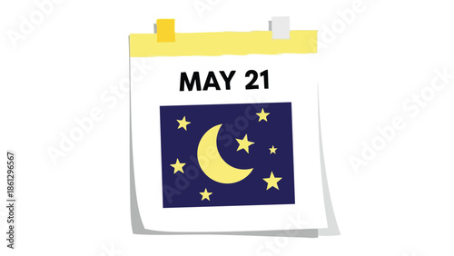 May twenty-first calendar sheet featuring a tranquil night sky illustration, complete with a golden crescent moon and numerous sparkling stars,