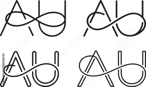 Modern minimalist line art of chemical symbol for Gold, Au, Autism, letters thin infinity thread outline icon and signs linear