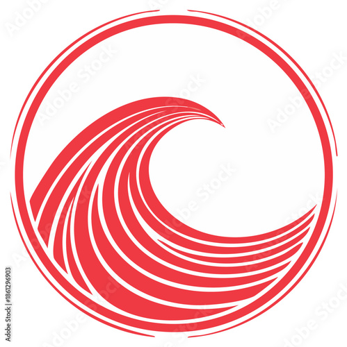 Stylized red water wave with dynamic flowing lines enclosed in a circular symbol vector illustration