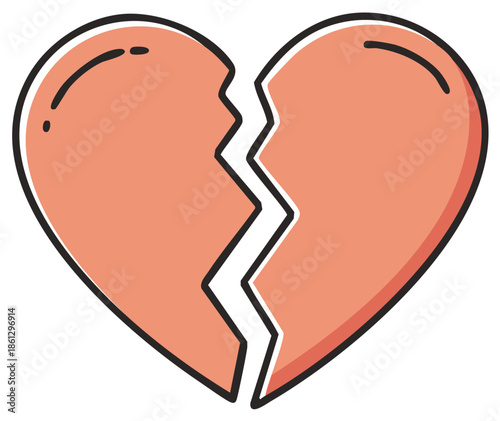 Broken heart illustration, a symbol of heartbreak, sadness, and separation in simple cartoon style