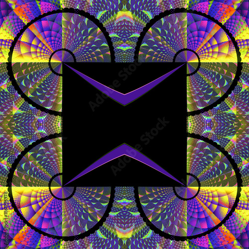Abstract seamless intricate fractal pattern of four black circles on a purple background with a black square in the center. Suitable for tiles, backdrops, tie-dyes, etc.