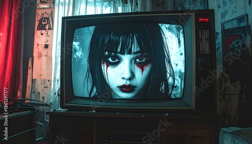 Creepy vintage television displaying a haunting female face with dark makeup.