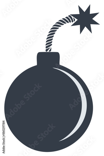 Stylized bomb with a burning fuse, signifying danger, threat, or explosive action in a simplified, modern vector design.