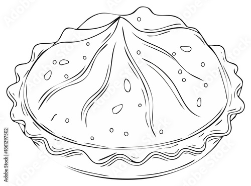 Outline drawing of a single fresh pie with a wavy crust for coloring book design
