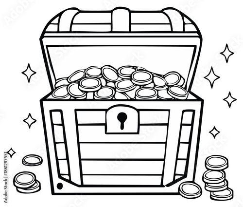 Open wooden treasure chest brimming with shining gold coins line art illustration