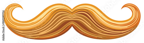 Stylized golden brown handlebar mustache with swirling ends and defined hair strands