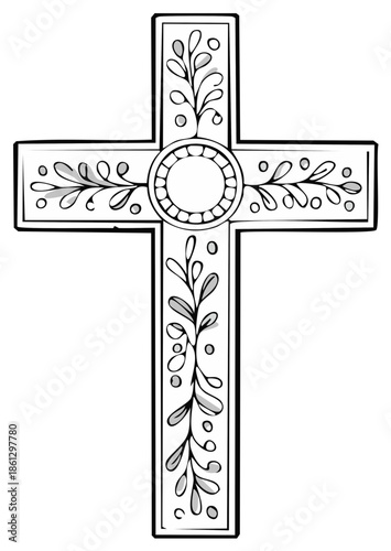 Ornate Christian Cross with Floral Scrollwork and Circular Emblem