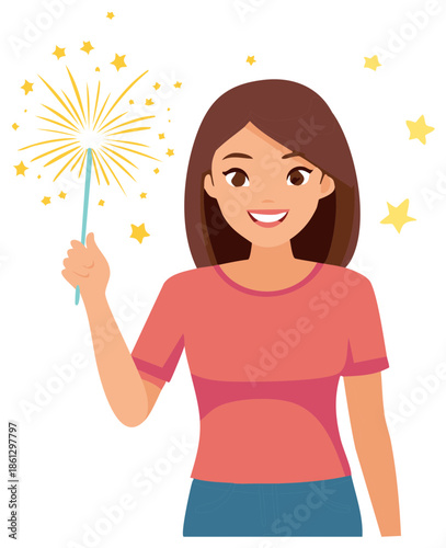 Celebrating Woman Holding Sparkler with Star Burst Design, Festival Holiday Fun