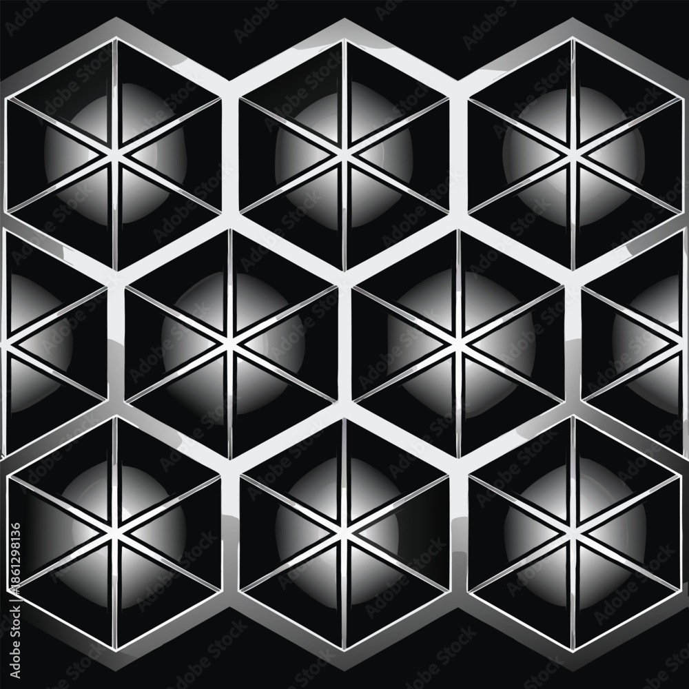 Obraz premium Dark Hexagonal Grid with 3D Geometric Cells and Reflective Spheres abstract background