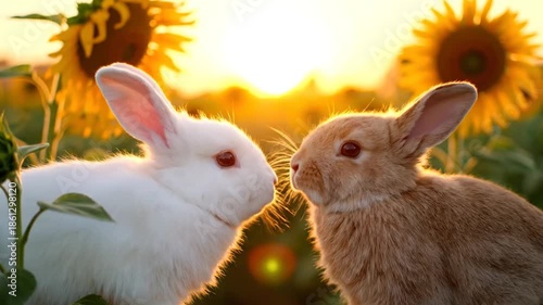 Bunnies in a sunflower field at sunset