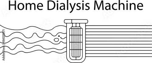 Purification home dialysis machine outline vector, A line art cloudy water lines entering a filter dialyzer and emerging linear