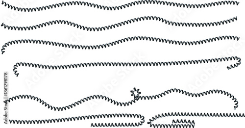 abstract waveform texture with varied amplitude and frequency patterns, zigzag lines, star symbol, and rectangular signal blocks on a horizontal layout for design, tech, or scientific use