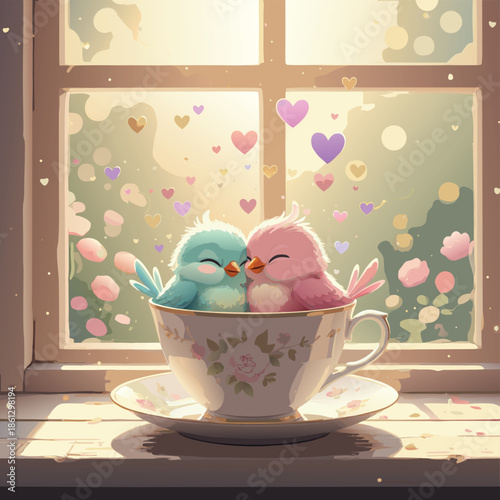 Vintage Easter greeting card featuring a pink teapot, teacup, and sweet breakfast dessert served on a spring table decorated with colorful eggs, flowers, and a bunny