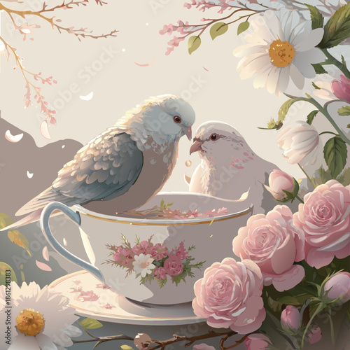 A vintage vector illustration of a peace dove carrying a floral branch with a heart and leaf design to symbolize love and nature during spring