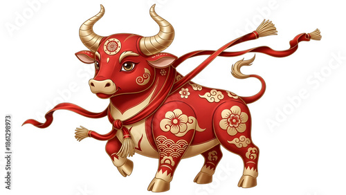 Lunar new year ox decorative illustration isolated on transparent background