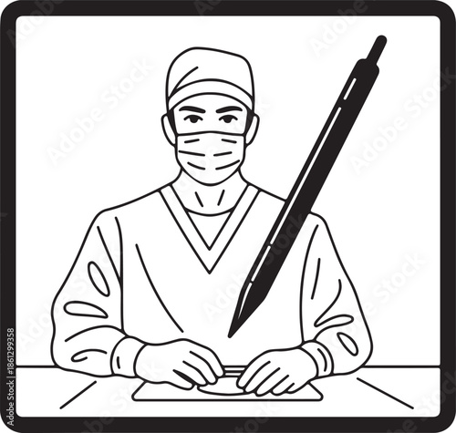 Telemedicine of Surgical Precision Tablet line art vector, surgeon in scrubs on a tablet screen, holding a digital stylus that looks like a scalpel outline