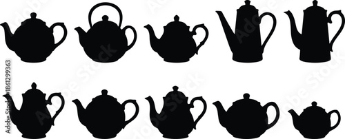Teapot silhouettes collection illustration featuring classic kettle designs for tea and coffee service, black vector icons isolated white background