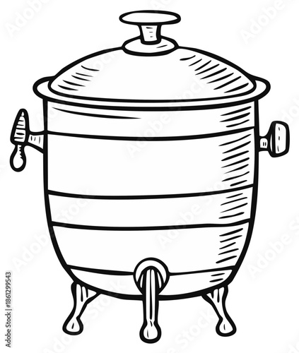 Hand drawn black and white beverage dispenser with tap and lid