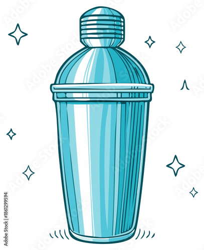 Stylish illustration of a cocktail shaker with a shimmering blue tint, bar equipment