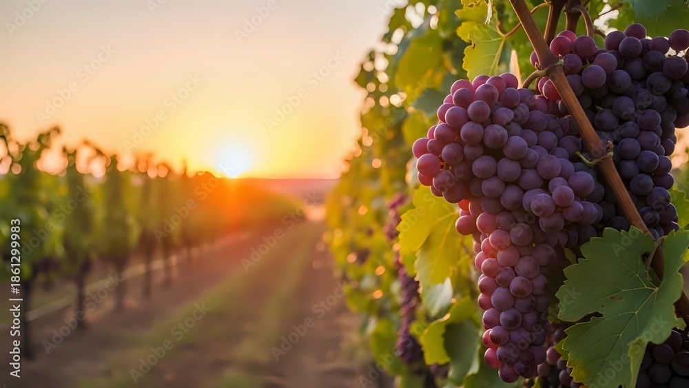 Naklejka premium Ripe purple grapes hanging on vine in vineyard at golden sunset with warm light filtering through leaves creating peaceful agricultural scene.