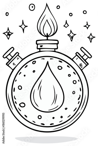 Cartoon alchemical flask with flame and drop inside vector black outline drawing science illustration.