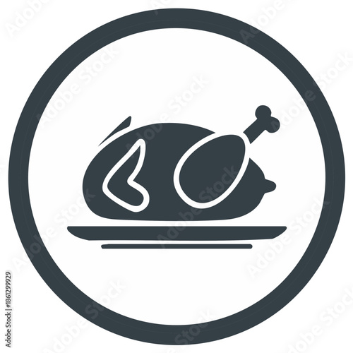 Simple Stylized Icon of a Roasted Chicken on a Serving Platter Inside a Circle
