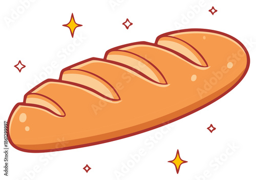 Illustrated fresh baked bread loaf with star sparkles, cartoon style food