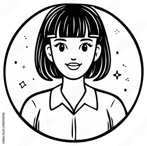 Smiling Young Woman with Short Bob Haircut and Sparkling Stars Illustration