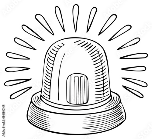 Cartoon flashing siren light clip art illustration, emergency service warning alert symbol with radiating lines