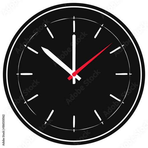 Modern Minimalist Clock Face with Bold Hands Indicating Time in Black and White with Red Accent