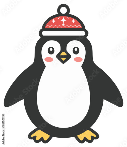 Charming cartoon penguin with rosy cheeks wearing a festive red sparkling winter hat