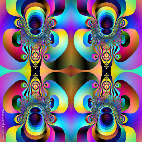  Abstract fantasy background of decorative seamless fractal pattern with colorful floral style shapes. 3D illustration.