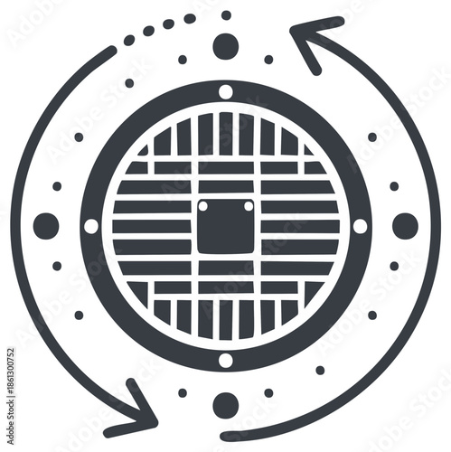 Manhole cover icon with circular arrows representing urban water cycle and sanitation system