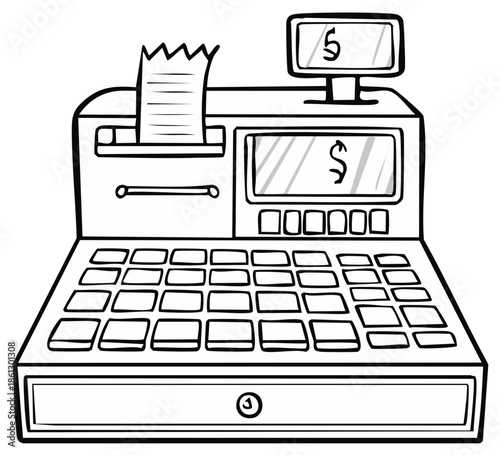 Vintage Cartoon Cash Register with Receipt and Display Showing Dollar Signs