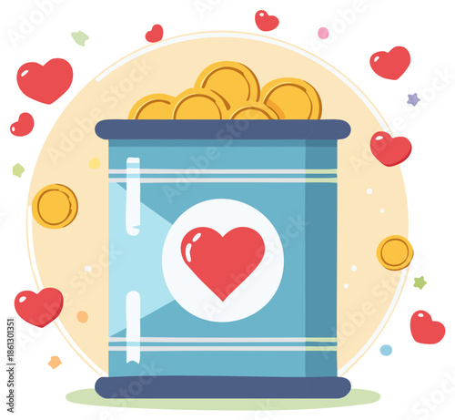 Donation box and golden coins illustration for charity and giving concept