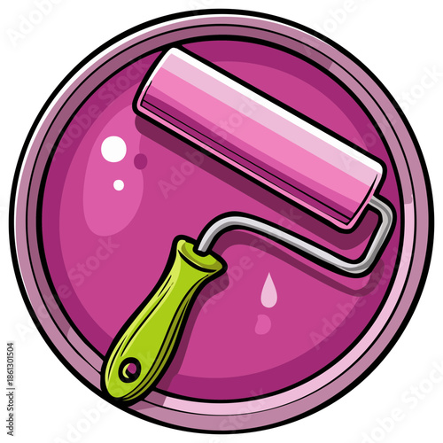 A pink paint roller in a can, illustration of a painter's tool for DIY, cartoon style, colorful and vibrant design.